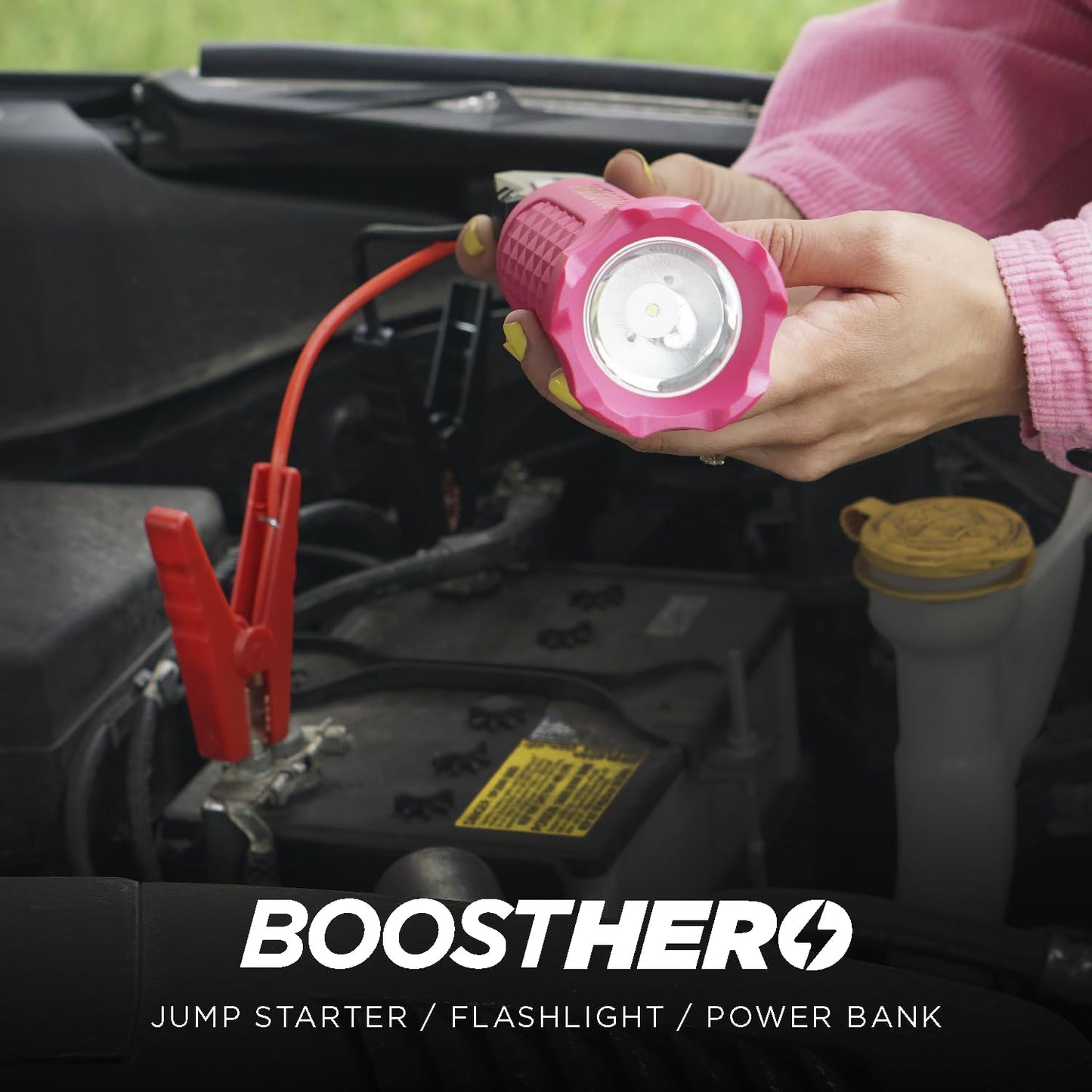BoostHero Portable Car Battery Jump Starter, 6,000mAh Power Bank, LED Flashlight, with Smart Jumper Cables for up to 6.0L Gas/4.0L Diesel Engines (Pink)