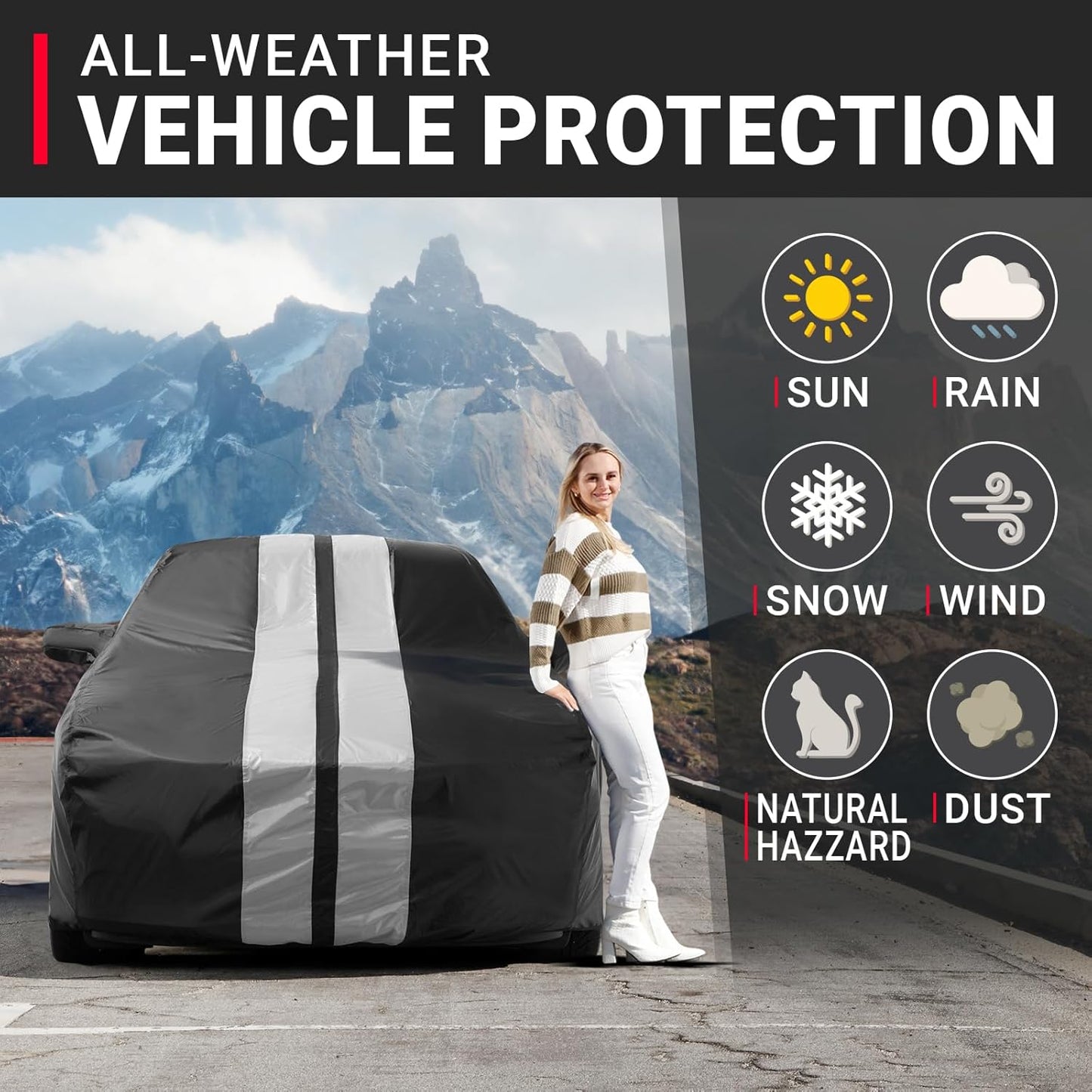 iCarCover Custom Car Cover for Pontiac Sunbird Wagon (1983-1988) Waterproof All-Weather Rain Snow UV Sun Protector Full Exterior Indoor Outdoor Car Cover (Stripe - Black/Gray)