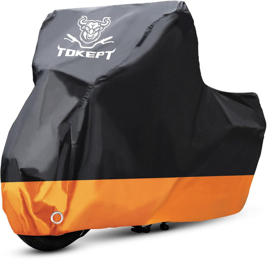 Motorcycle Cover, All-Season Waterproof Outdoor Sun Protection Fit up to 116 Inch Harley-Davidson Honda Suzuki Kawasaki Yamaha (XXXL Black&Orange)