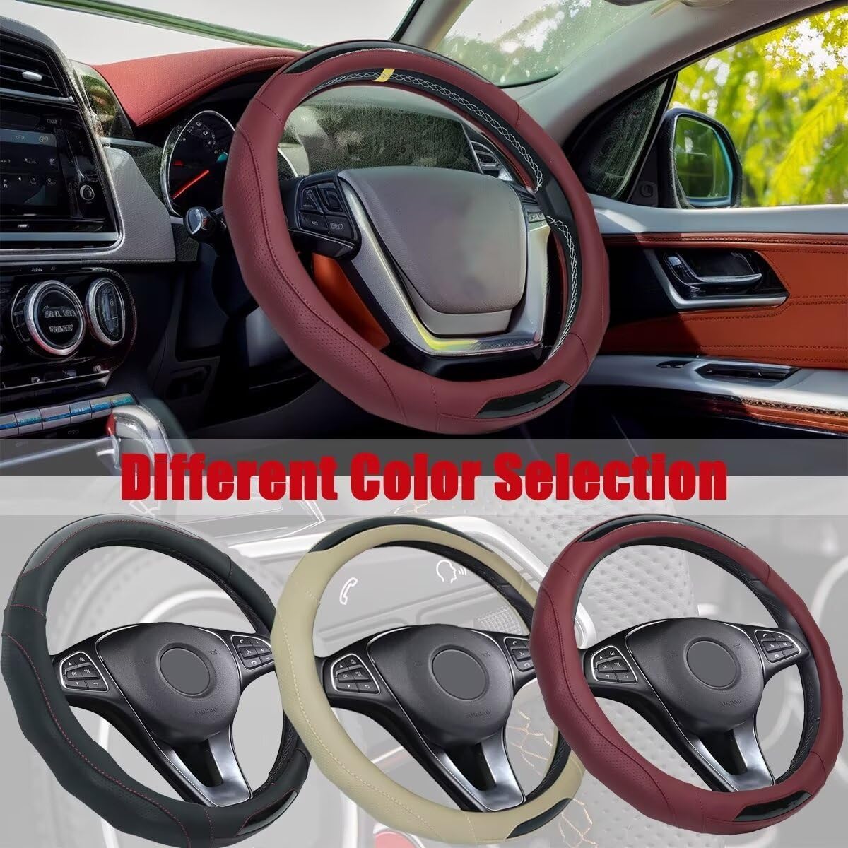 Car Steering Wheel Cover with Cup Coasters, Universal 15 inch Leather Carbon Fiber Steering Wheel Covers Comfort Grip Breathable Anti-Slip Steering Wheel Accessories for SUV Truck Van Auto - Beige