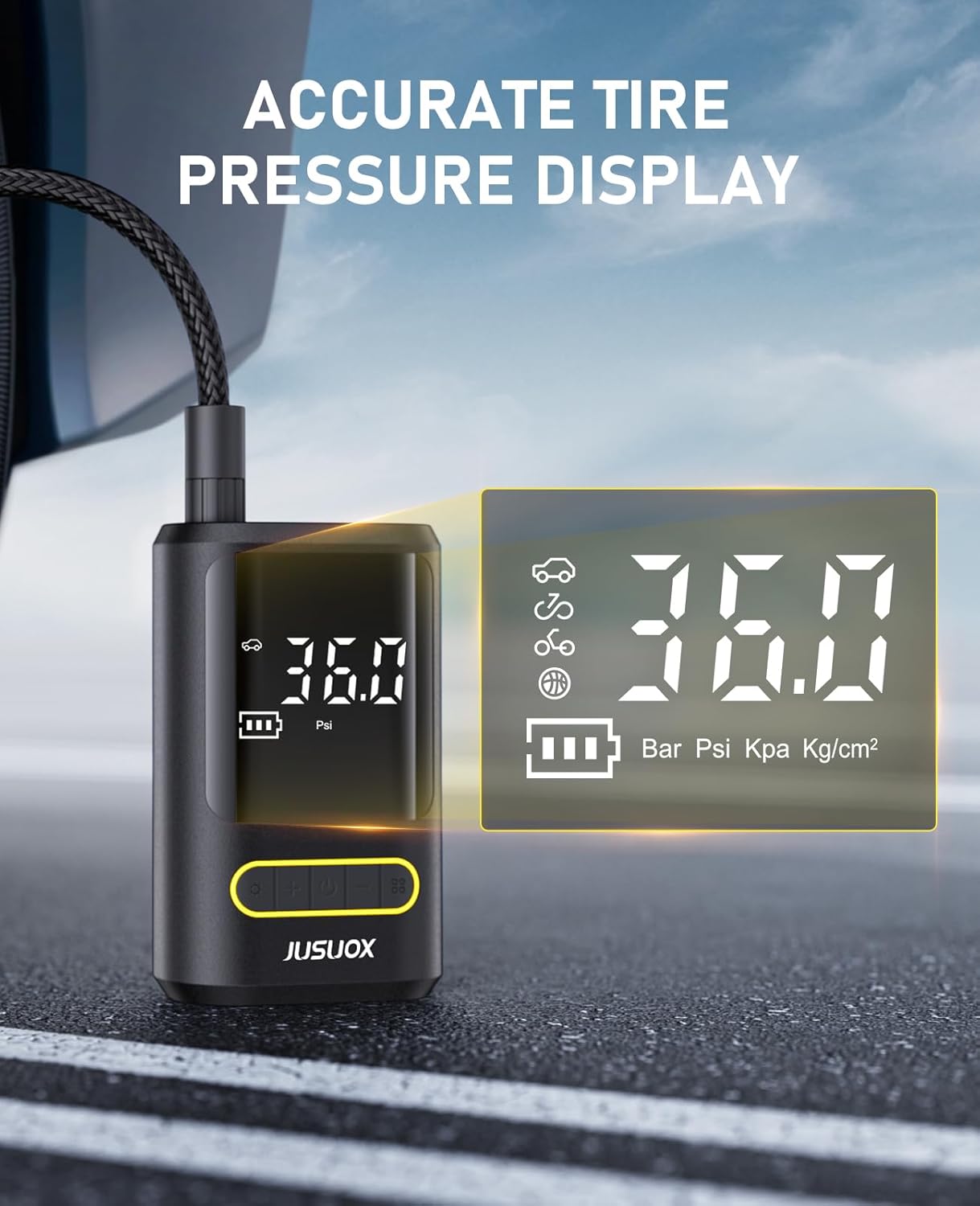 Tire Inflator Portable Air Compressor, Electric Bike Pump with Digital Pressure Gauge, 150 PSI Cordless Air Pump for Car Tires, Motorcycle, Bicycle, Ball with Auto Shutoff, LED Light