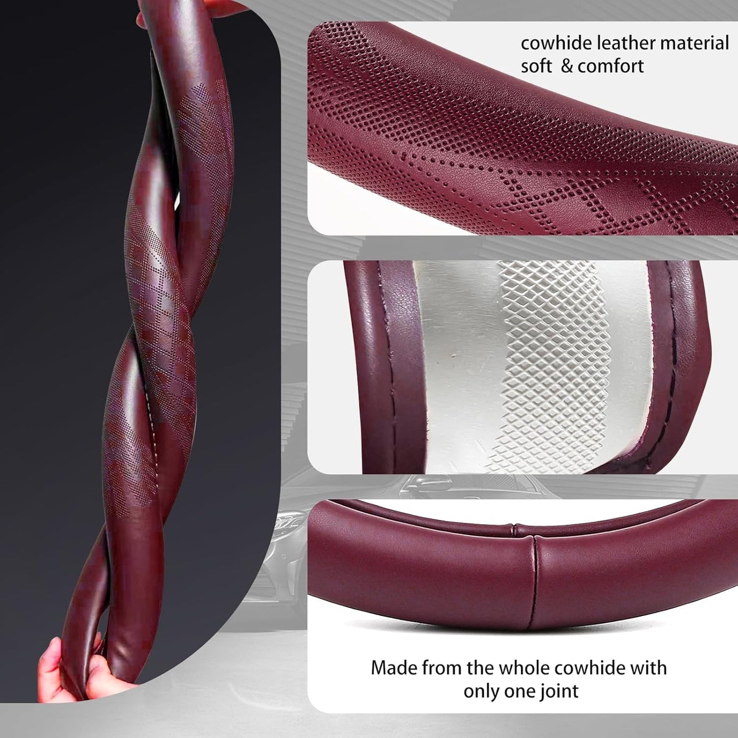 【2025 Model】 High-Grade Real Cowhide Steering Wheel Cover for Men Women，Wine Red Genuine Leather Steering Wheel Cover for Cars,Universal 14.5-15 inch Steering Wheels,Grid & Square Motif