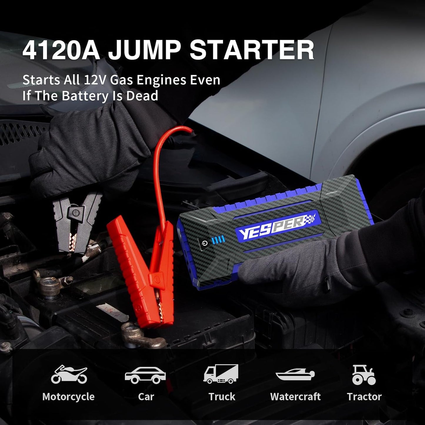 YESPER Jump Starter Portable, 4120A Peak Car Jumper Starter Jump Box(for All 12V Gas10.0L Diesel Engine), Booster Pack Jump Starter with DSLI Safe Tech& DC 15V Ports