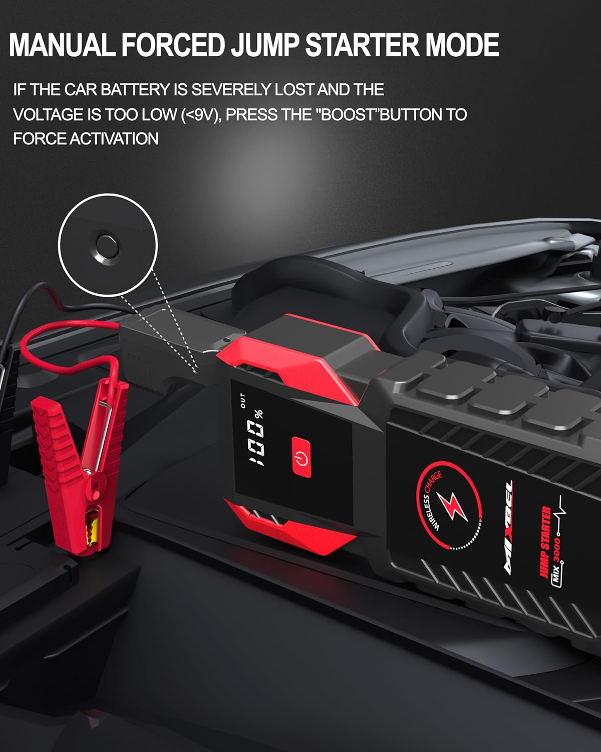 Jump Starter 3000A Peak 12V Portable Car Battery Jump Starter 24000mAh Jump Box for up to 8L Gas or 8L Diesel Engine Jump Starter Battery Pack with LED Light, USB QC 3.0 and Wireless Charging