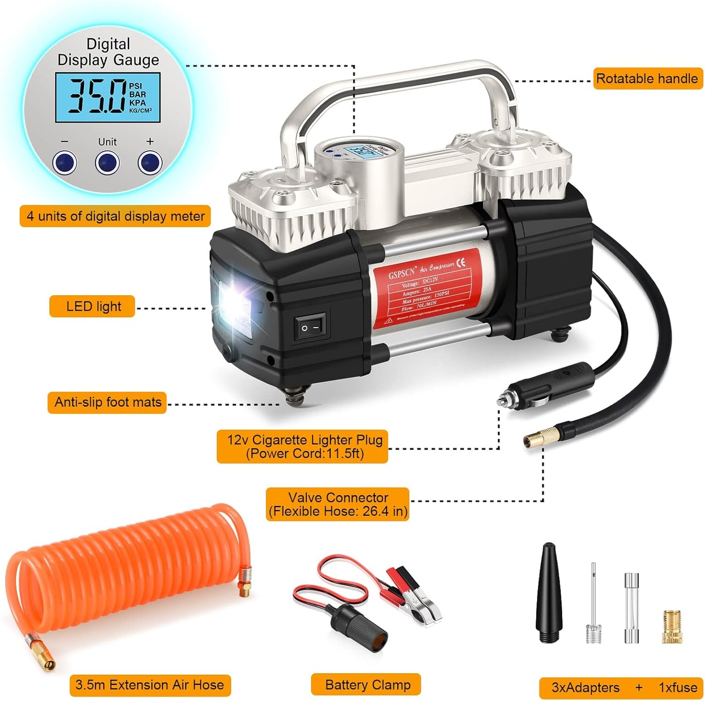 GSPSCN Digital Tire Inflator, Portable Toolbox 12V Air Compressor Pump Heavy Duty Dual Cylinders Car Pump,150Psi Auto Shut-Off with Tire Repair Kit for Auto,SUV,Truck etc
