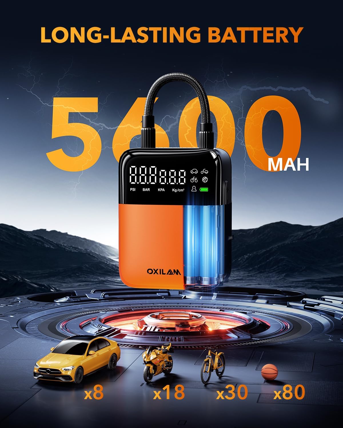 OXILAM C1 Tire Inflator Portable Air Compressor - Rechargeable 3x Faster Air Pump For Car Tires With Tire Pressure Gauge, 150psi Cordless Air Compressor For Car, Motorcycle, Bike, Ball And More