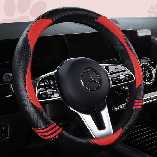 Car Steering Wheel Covers for Women Girl Padded Carbon Fiber PU Leather Cute Cartoon Auto Interior Accessories for Jeep, Truck, Universal, Anti Slip, Red, Large Size 15.5-16"(39-41cm)