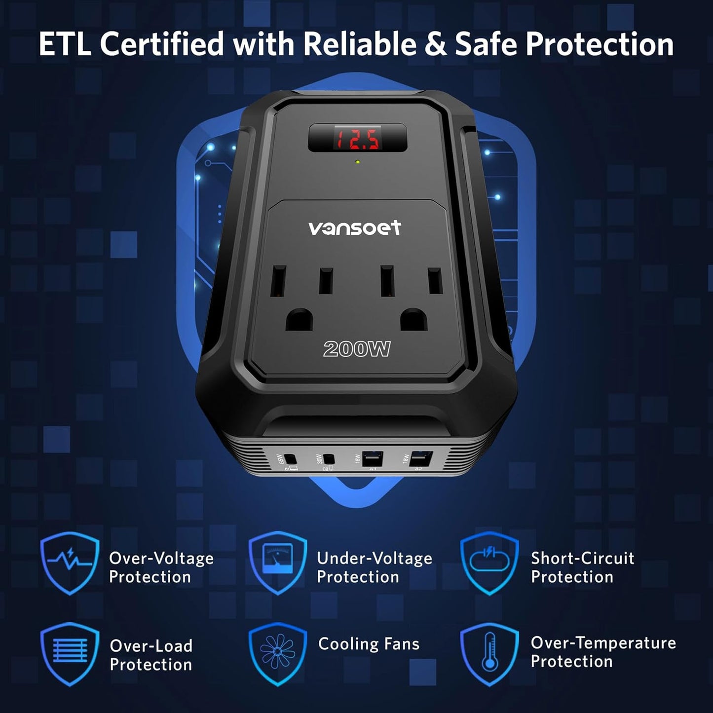 200W Car Power Inverter DC 12V to 110V AC Inverter with PD 65W/30W USB C & 2 QC 18W USB Ports & 2 AC Outlets,Car Pluɡ Adapter Outlet for Laptop/Phone/Road Trip