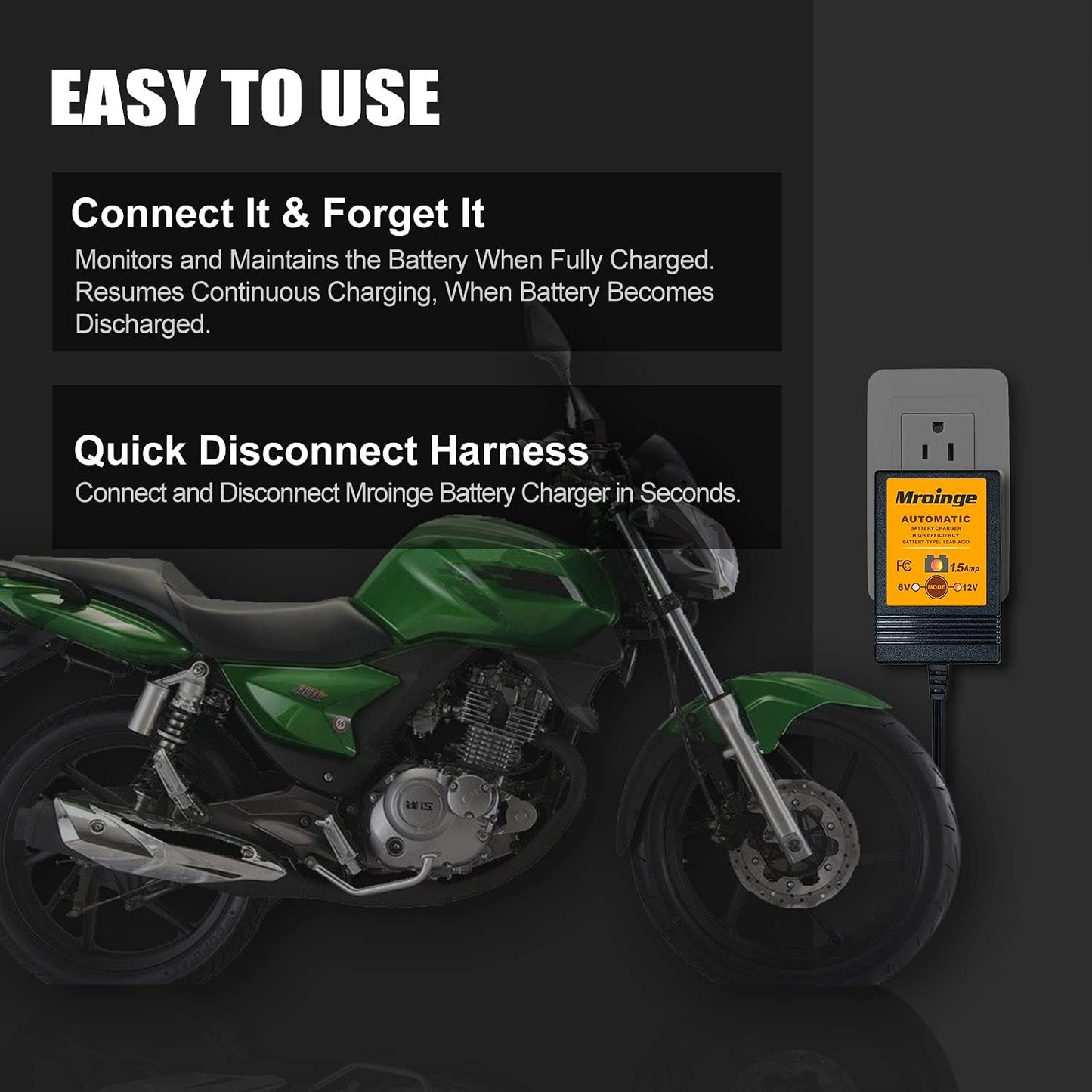 MBC015, 6V / 12V 1.5A Fully Automatic Trickle Battery Charger/Maintainer for Automotive Vehicle Motorcycle Lawn Mower ATV RV Powersport Boat, Sealed Deep-Cycle AGM Gel Cell Lead Acid Batteries