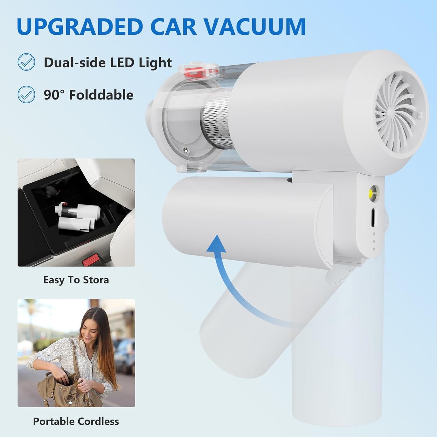 90° Foldable Mini Vacuum Cleaner, 4 in 1 Handheld Car Vacuum Portable Cordless 16000Pa Brushless Motor, Rechargeable Air Duster for Car, Home, Office, Pet