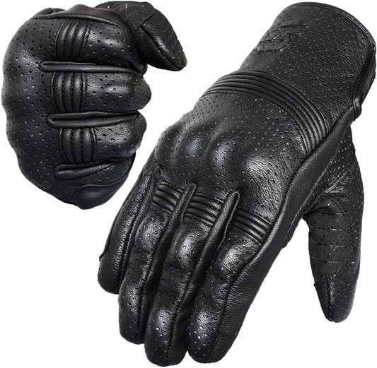 Leather Motorcycle Gloves for Men and Women | Touchscreen | Full Finger | Goatskin Leather Hard Knuckle Motorcycle Riding Gloves (Perforated, Large)