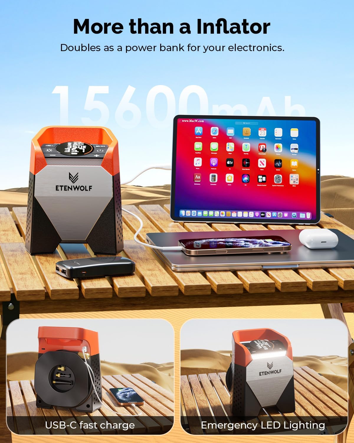 ETENWOLF Zephyr S5 Heavy-Duty Tire Inflator Portable Air Compressor, 160PSI &15600mAh Cordless Air Pump with LED Light for Car Tires, Bike, Motorcycle, Balls, Pickups (Vivid Orange)