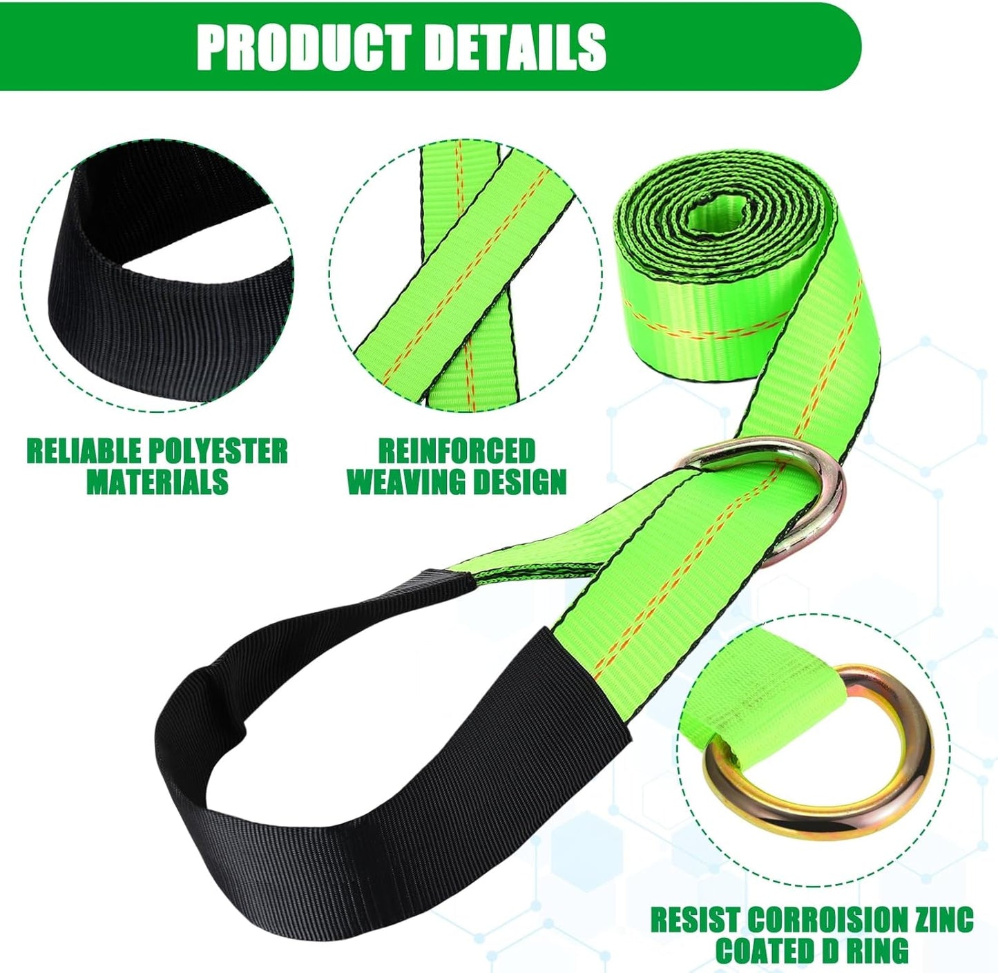 8Pack 2" X 10 ft Tow Truck Straps Lasso Wheel Lift Straps Lasso Tow Strap with D Ring 11, 000 Lbs Break Strength Auto Tie Down Auto Hauler for Trailer Truck Tie (Green)