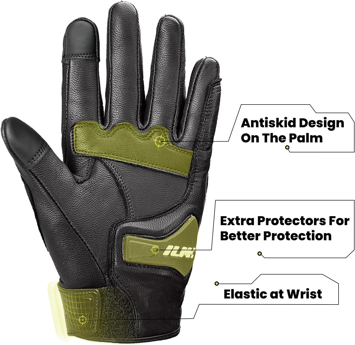 ILM Goatskin Leather Motorcycle Motorbike Powersports Racing Gloves Touchscreen for Men and Women Model DN01(XXL, Black Unperforated)