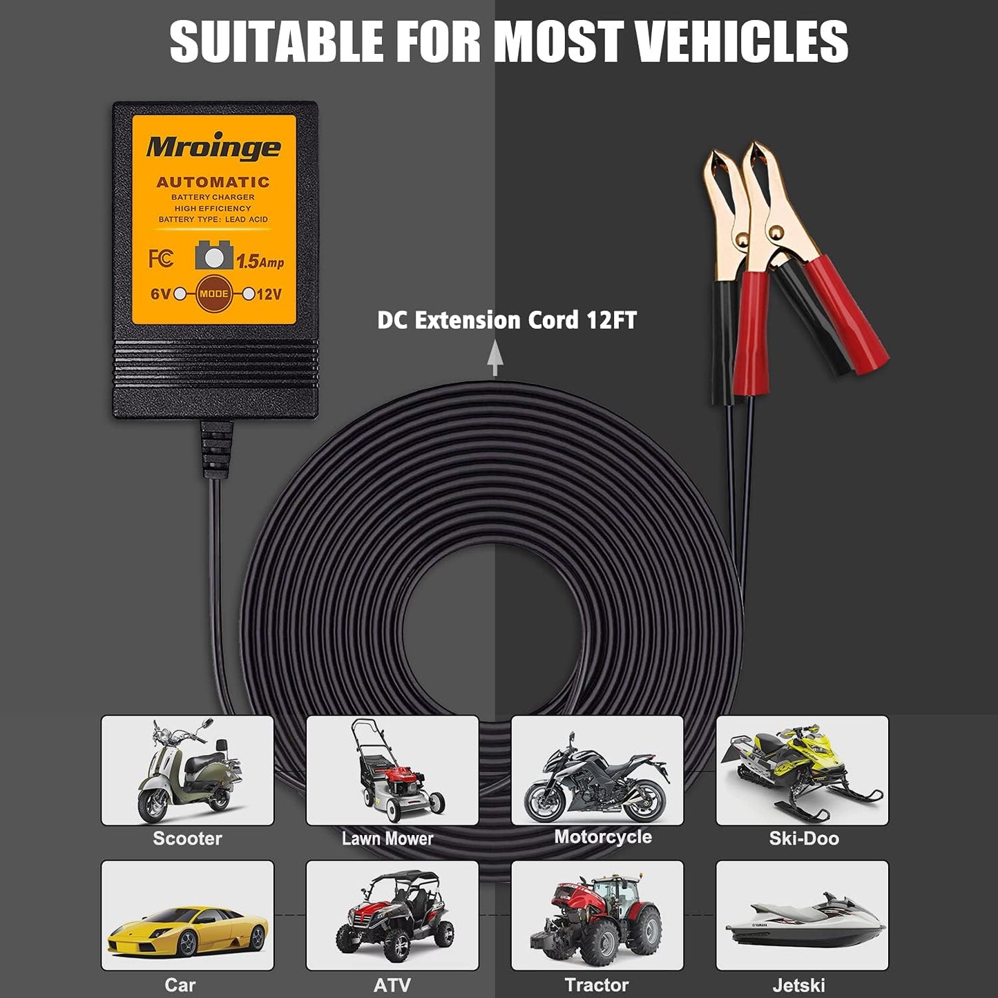 MBC015, 6V / 12V 1.5A Fully Automatic Trickle Battery Charger/Maintainer for Automotive Vehicle Motorcycle Lawn Mower ATV RV Powersport Boat, Sealed Deep-Cycle AGM Gel Cell Lead Acid Batteries