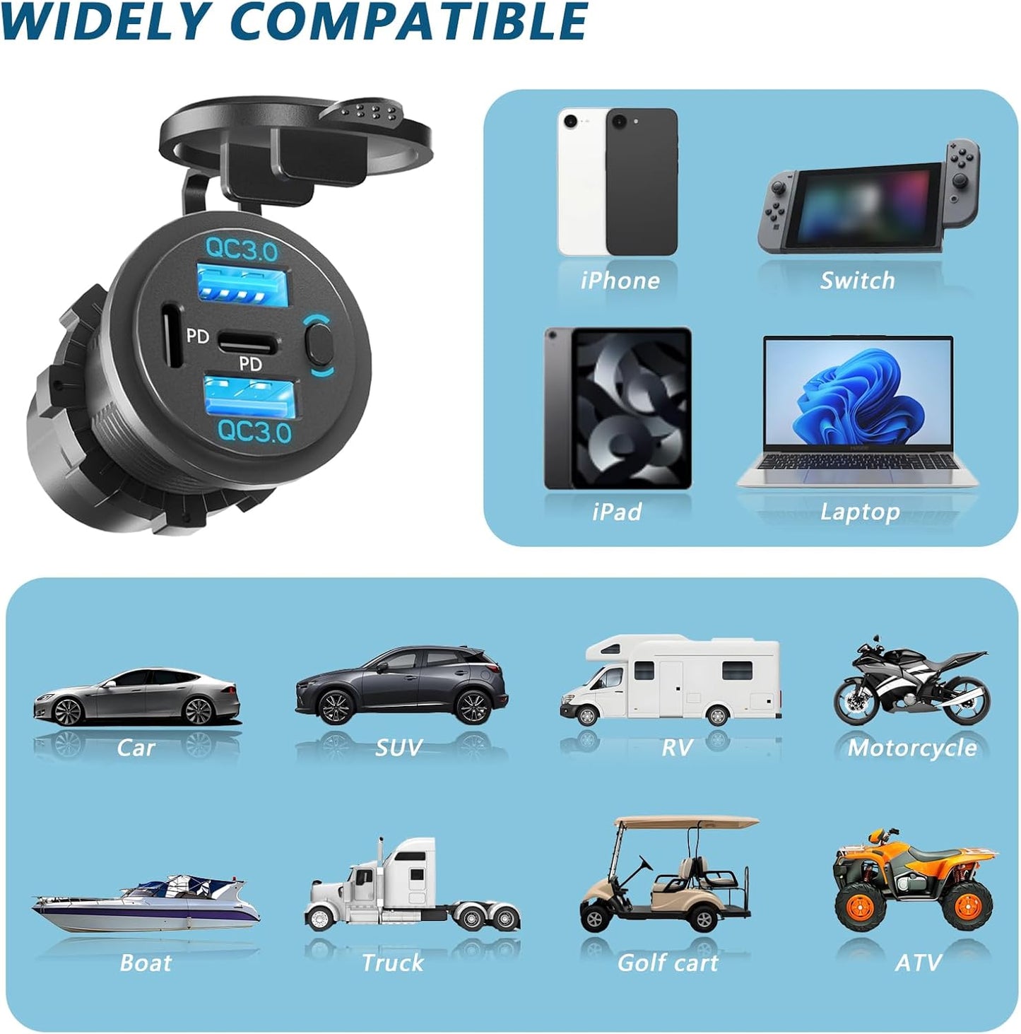 2PCS,Dual PD USB C Ports & Dual USB Quick Charge 3.0 Ports 12V USB Outlet with Switch, VANONE Waterproof and Dustproof Car Charger Socket, Accessories for Car Boat Marine Motorcycle RV ATV Golf Cart