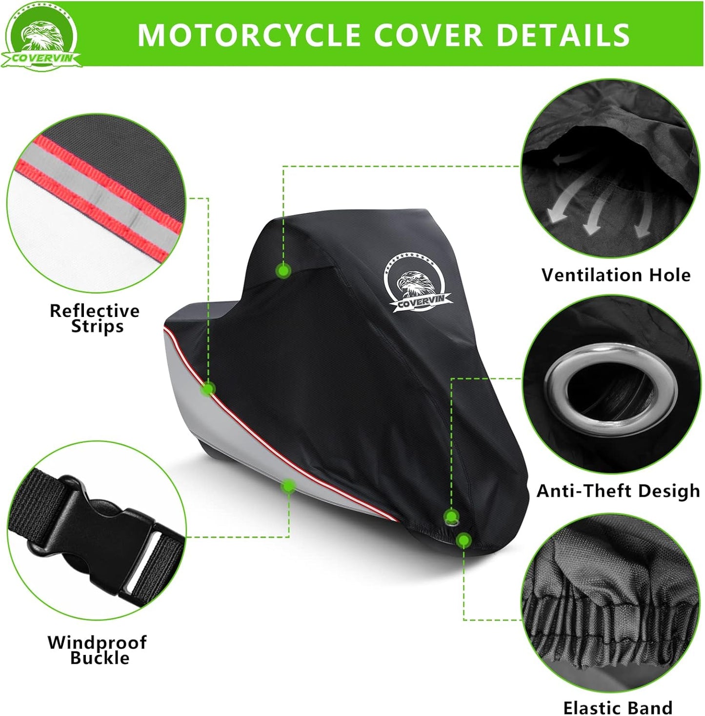 COVERVIN Motorcycle Cover, All Weather Outdoor Waterproof Night Protection with Reflective Strips, Locking Holes and Storage Bag for 91 Inch Suzuki, Kawasaki, Honda, Harley-Davidson(Silver L)