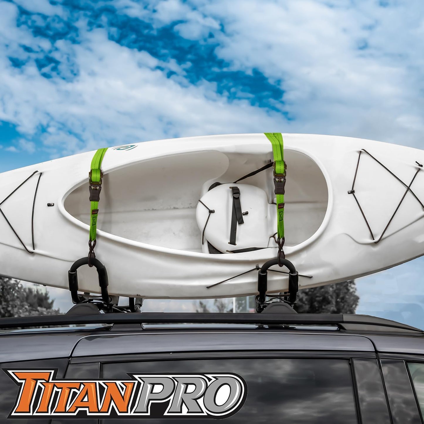 TitanPro Heavy Duty Ratchet Straps 4-Pack - 2,200lb Break Strength, 1" x 15' Rachet Tie Downs with Padded Handles - Heavy Duty, Truck, Motorcycle, Moving Straps (Green)