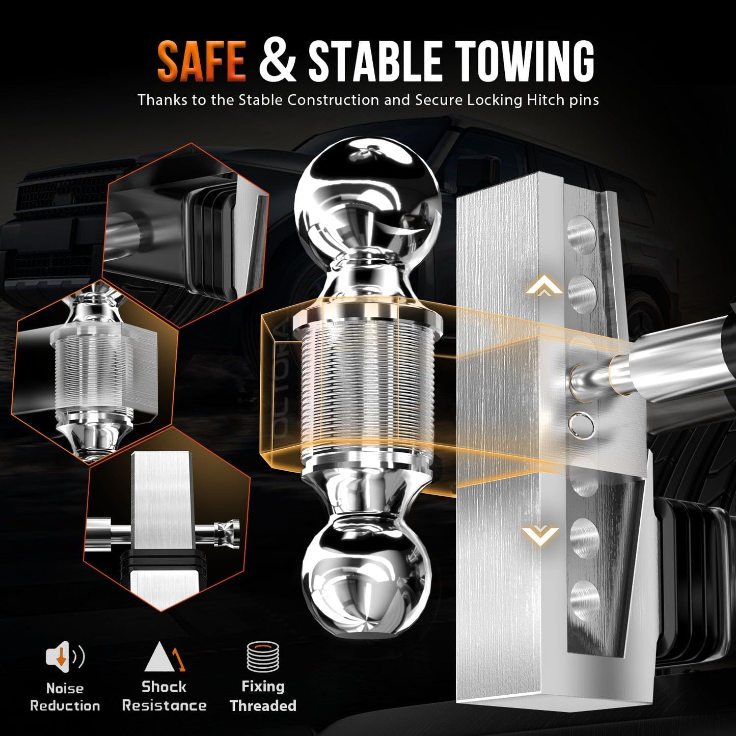 Adjustable Trailer Hitch (Fits 2-Inch Receiver) - Aluminum Tow Hitch with 6-Inch Drop/Rise for Truck (12,500 LBS GTW) - Double Anti-Theft Locking Hitch Pins (Silver, 2.0inch-6Drop-Tri Ball)