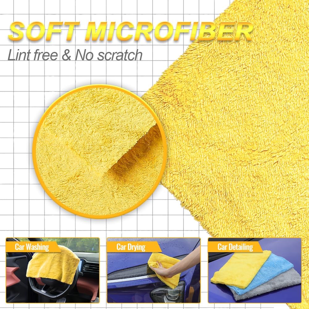 Micro Fiber Towels Car，Coral Fleece Car Wash Cleaning Towel,Endless,Absorbent, Scratch Free,No Lint, Extra Soft,Reusable and Durable,Interior Microfiber Rags 16in x 16in-6 Packs Yellow
