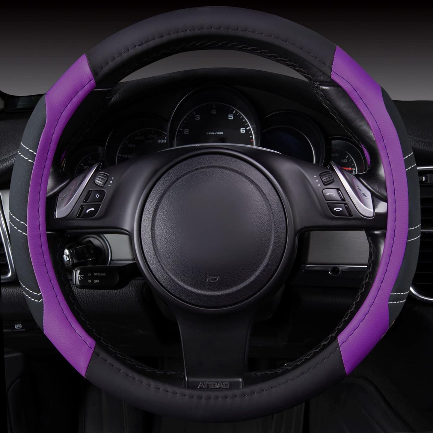CAR PASS Line Rider Microfiber Leather Sporty 14.5-15 inch Steering Wheel Cover Universal Fits for 95% Truck,SUV,Cars, Anti-Slip Safety Comfortable Design (Black Purple)