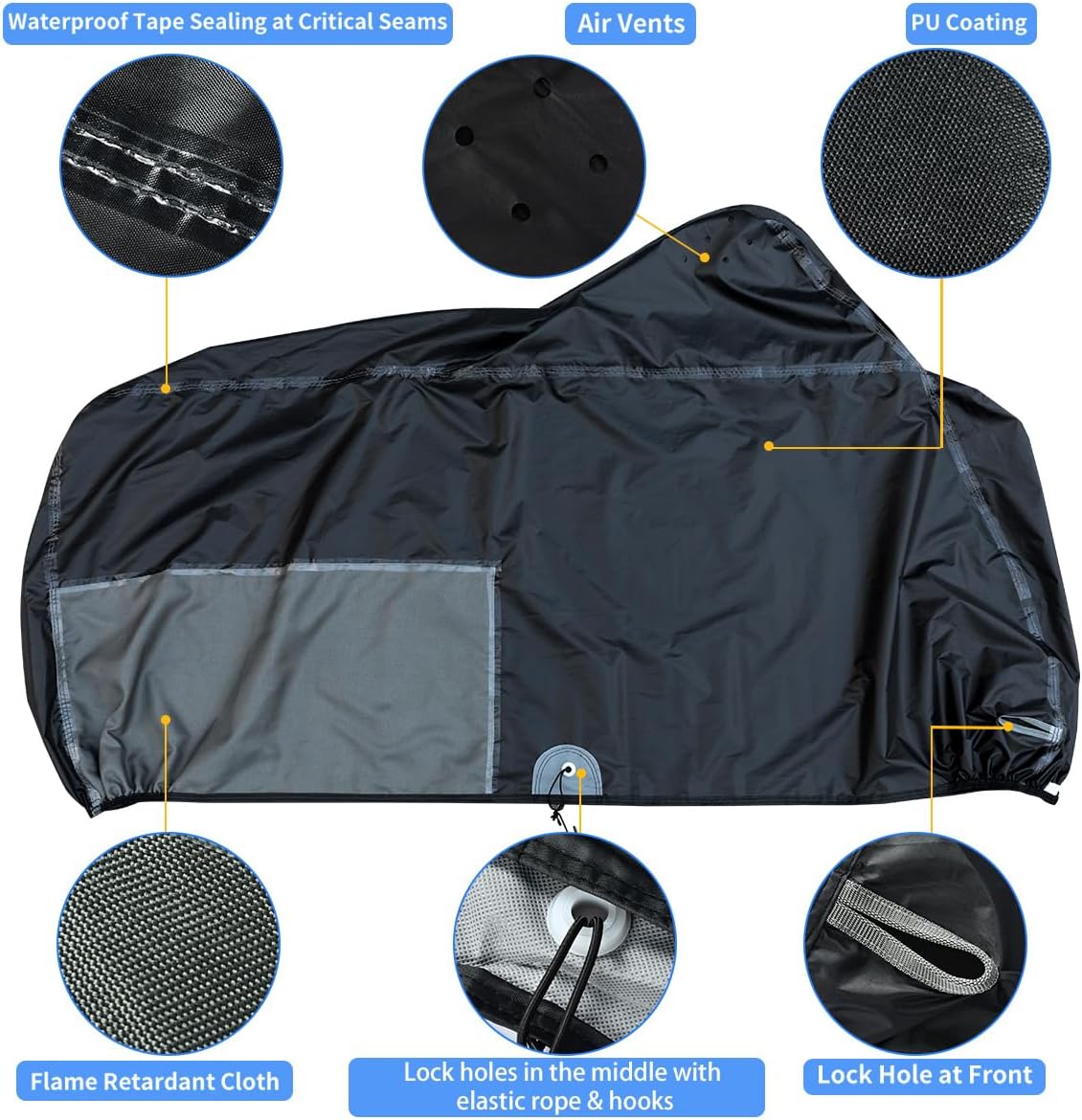 Motorcycle Cover All Season Waterproof Scooter Cover with Lock Holes and Inner Flame Retardant Cloth, Outdoor Motorcycle Cover Sun Rain Uv Protection Motorbike Cover Fits up to 90 inch Length Motors