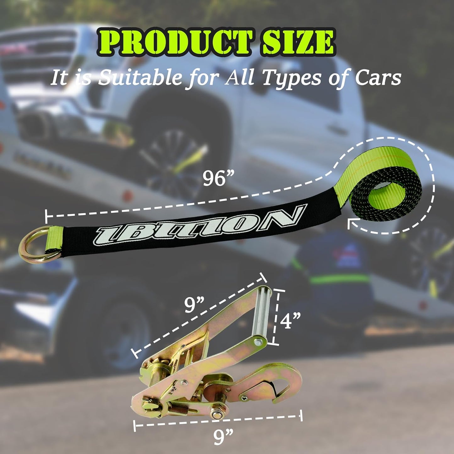 4 Pack Car Tie Down Straps for Trailers - 2" x 96" - 3,300 lbs Safe Working Load -Adjustable Wheel Straps for Hauling Cars.Green