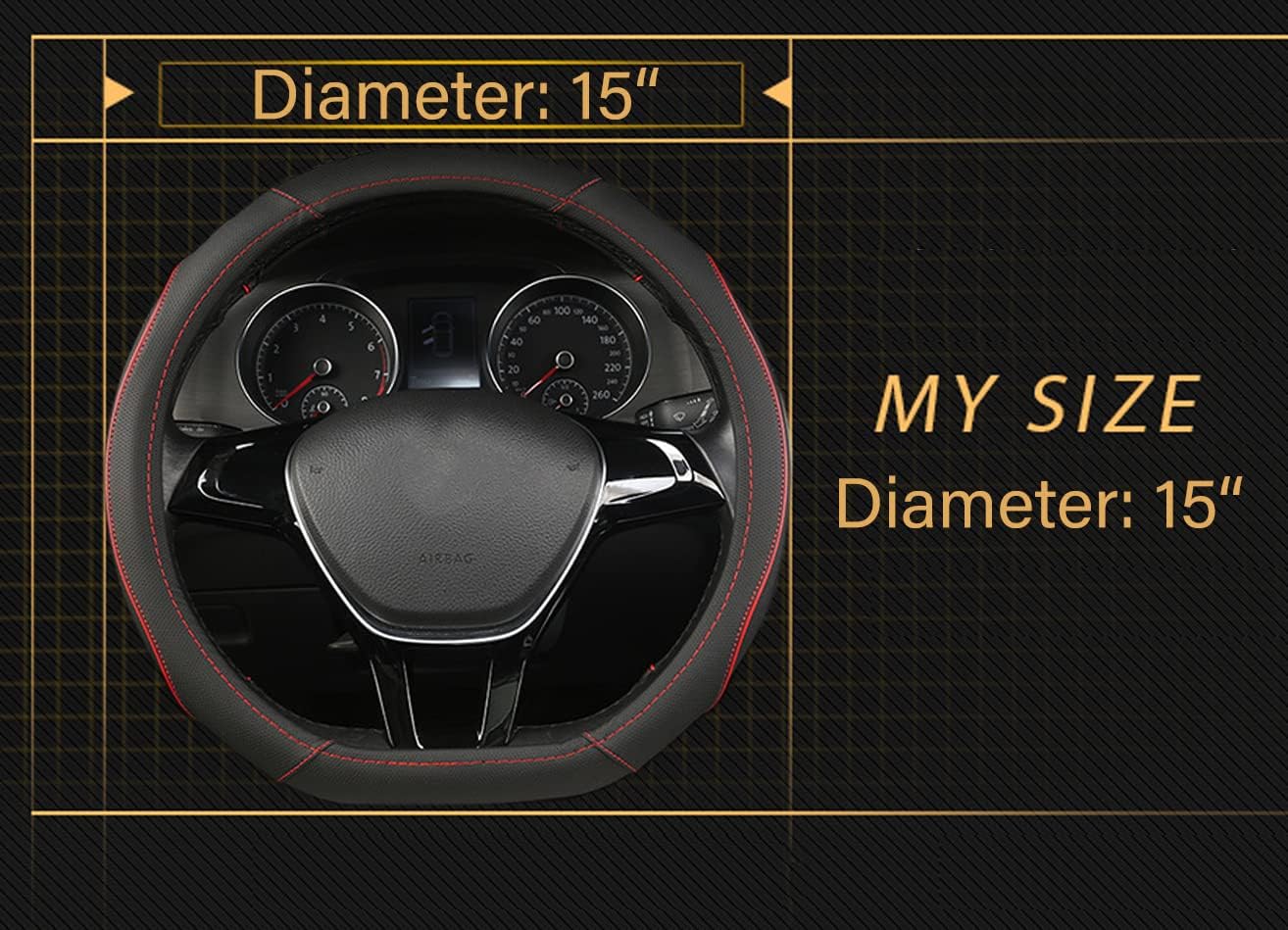 D Shape Car Steering Wheel Cover, Universal 15 inch Stitching Color Anti-Slip Steering Wheel Protector, Red and Black Style (Red and Black D Shape)