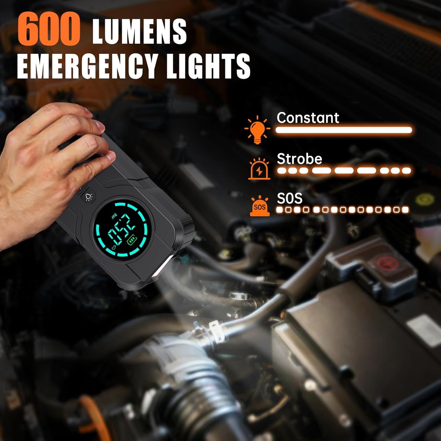 5000A Jump Starter with Air Compressor, 150PSI Battery Jumper Starter Portable for All Gas and 10.0L, 12V Car Jump Starter with Jumper Cable 3 Modes Flashlight and EVA Bag