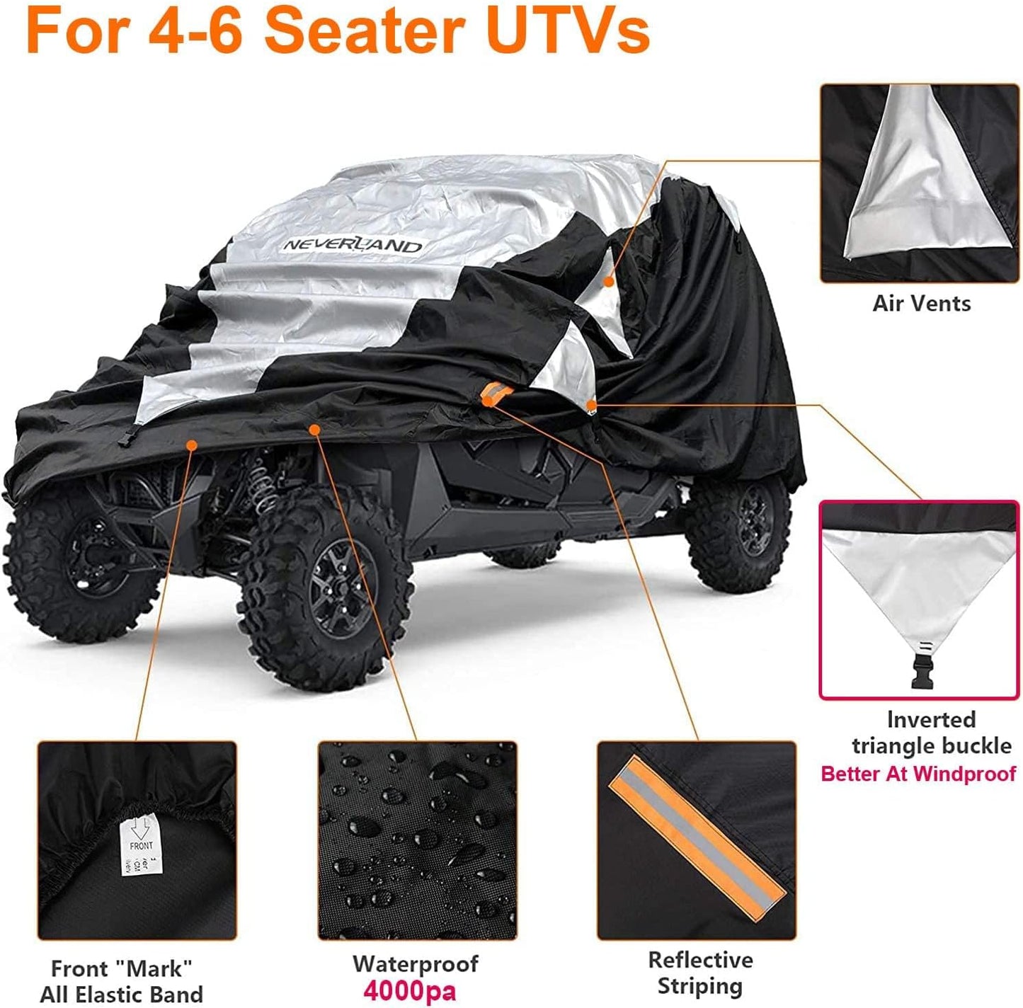 Neverland UTV Cover Waterproof 300D Heavy Duty 2-3 Seater/4-6 Seater 4 Door Side by Side Covers All Weather Protection Compatible with Polaris RZR Can-Am Maverick Defender Kawasaki