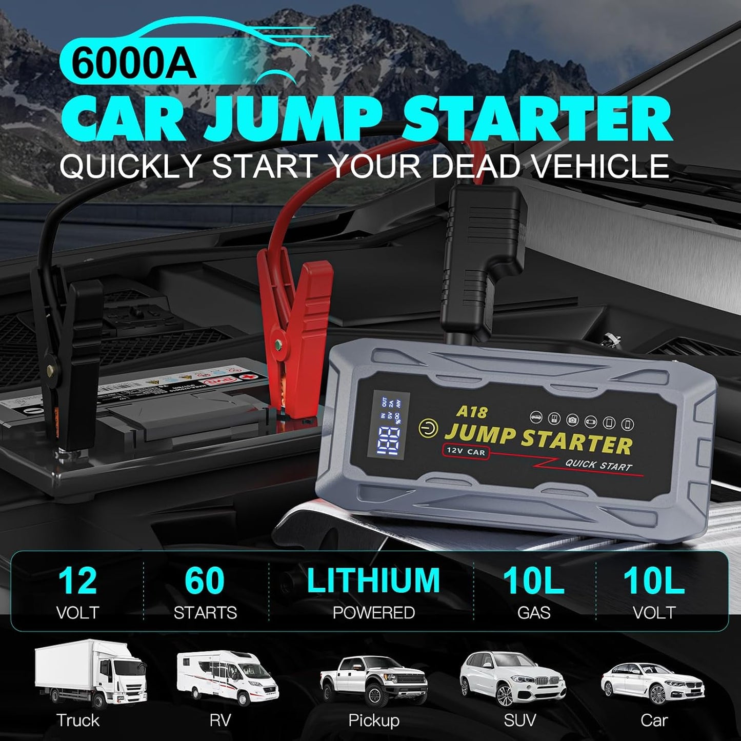 Car Jump Starter Portable 6000A Peak Battery Booster for up to 10.0L Gas/10L Diesel Engine,12V Lithium SuperSafe Jump Box, Jumper Starter Pack Charger Cable USB Quick Charge QC3.0 and Type-C Port