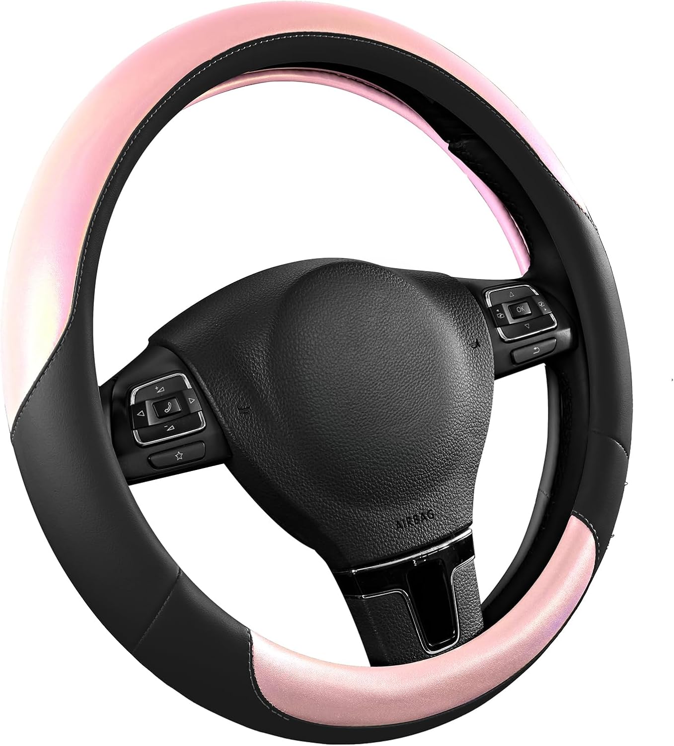 Road Comforts Steering Wheel Cover – Breathable Leather Steering Wheel Cover, Anti-Slip Grip, Universal Fit 14.5” to 15”, Heat & Cold Resistant for Cars, SUVs, and Trucks – Black & Pink