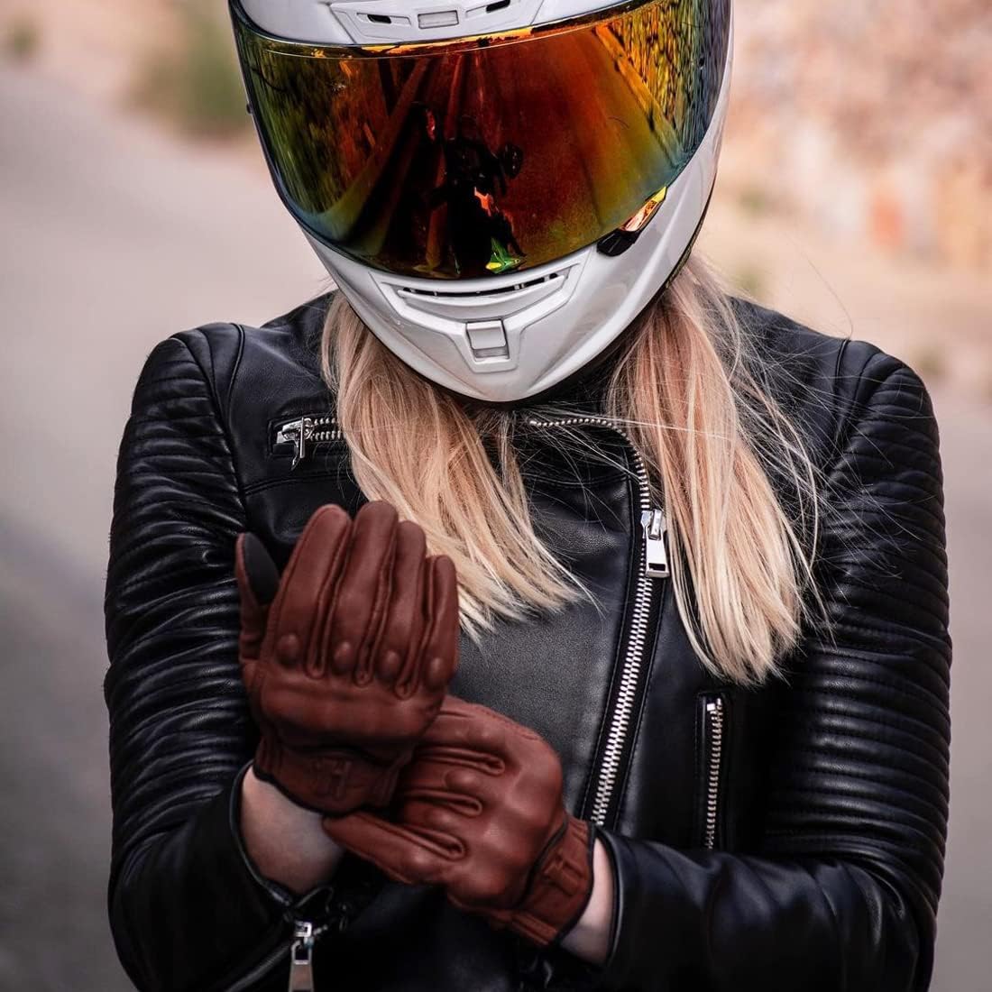 Harssidanzar Women's Motorcycle Gloves,Leather Motorcycle Gloves, Motorbike Gloves, Road Racing, Cycling, Climbing, Powersports Gloves Touchscreen GL016