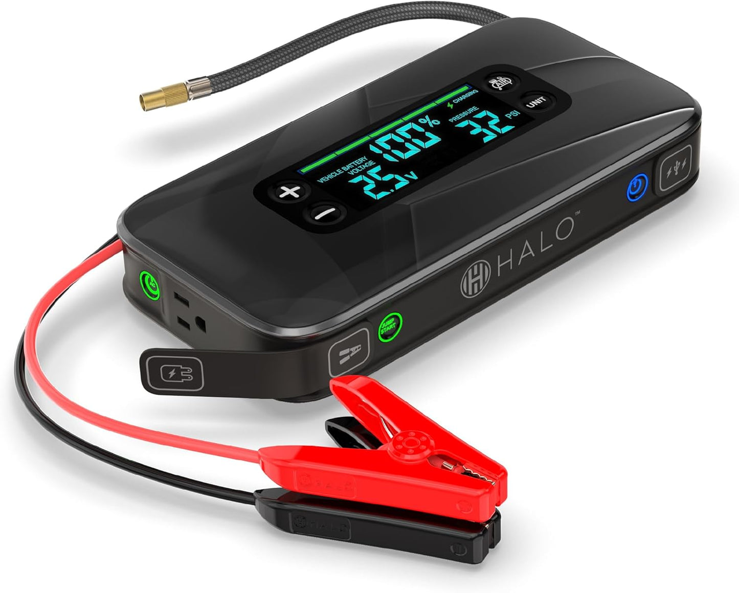 HALO Bolt Ultimate 3 Portable Car Battery Jump Starter | 130 PSI Air Compressor, 55.5Wh USB Power Bank, Large Display, Emergency Floodlight & Charger, Jumps Cars SUVs & Trucks, Inflates Tires — Black