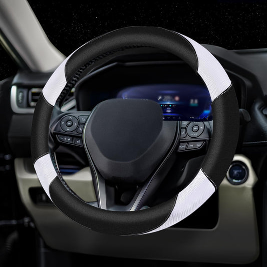 Soft Leather Steering Wheel Cover with Breathable Design and Anti-Slip Grip, Fully Compatible with Tesla, Toyota, Honda, Nissan 14.2-14.96 inch Round Steering Wheel（Sedans and SUVs）