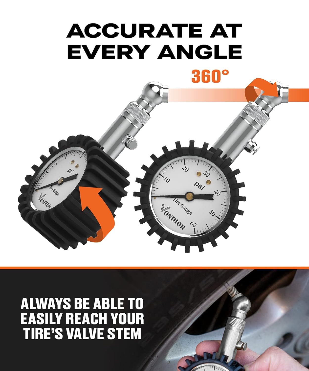 Tire Pressure Gauge - (0-60 PSI) Heavy Duty, Certified ANSI Accurate with Large 2 Inch Easy to Read Glow Dial, Low - High Air Pressure Gauge. Tire Gauge for Car and Trucks Tires by Vondior