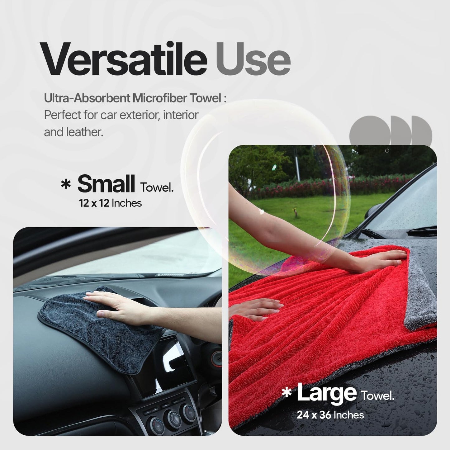 Microfiber Towels for Cars - 1300GSM X Large Size Double Twisted Loop 2pcs - 70/30 Blend Quick Dry High Absorbent Edgeless Streak Free - Car Drying Towel for Detailing 24x36″ & 12x12 (Grey+Red)