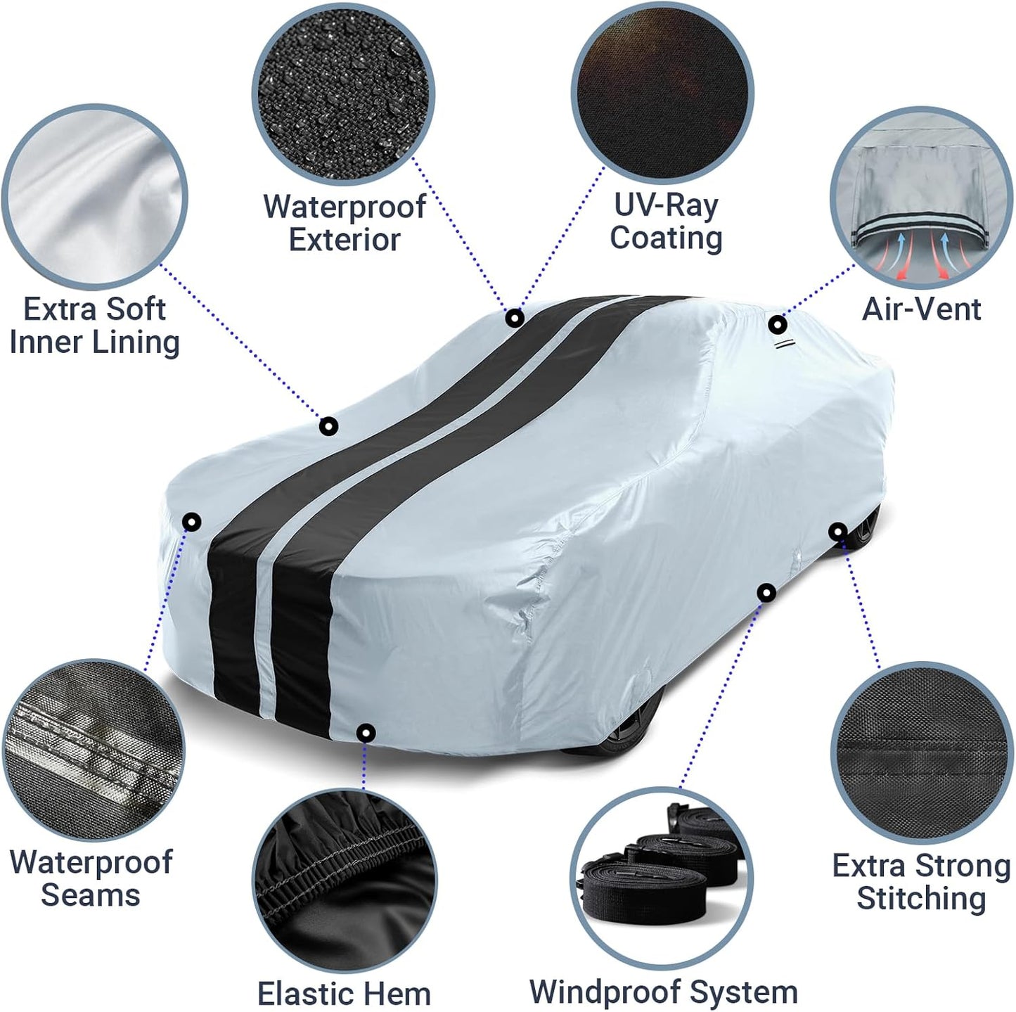 iCarCover Custom Car Cover for Pontiac Sunbird Wagon (1976-1980) Waterproof All-Weather Rain Snow UV Sun Protector Full Exterior Indoor Outdoor Car Cover (Stripe - Gray/Black)