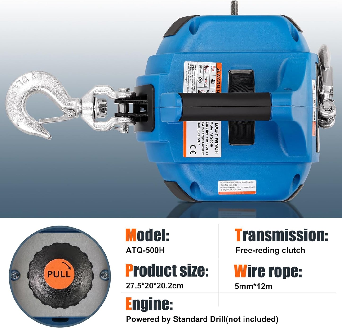 Portable Drill Winch of 1000 LB, Red Handheld Drill Winch with 40 Foot Synthetic Rope, Rotate The Hook 360 Degrees, for Lifting & Dragging (Blue)