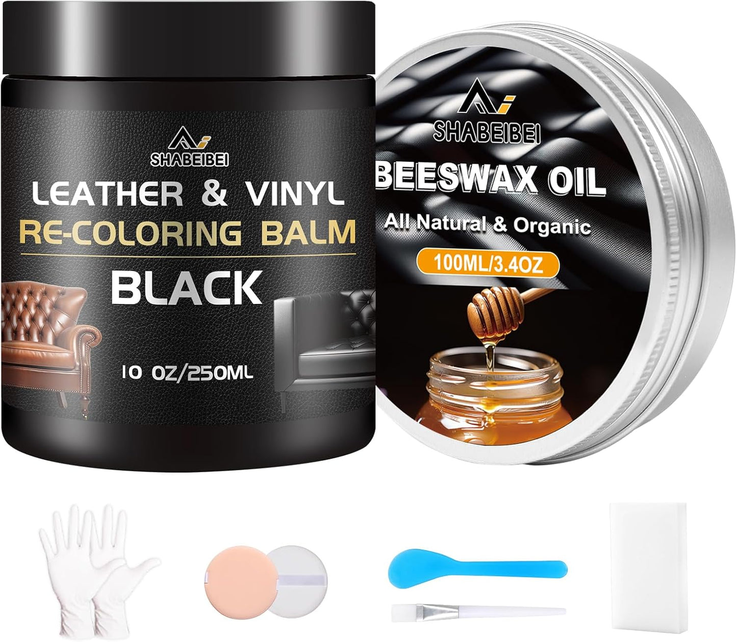 Leather Repair Kit Recoloring Balm Cleaner Conditioner Waterproof Beeswax Oil for Car Seat Furniture Couch Shoe Leather Vinyl(Black)