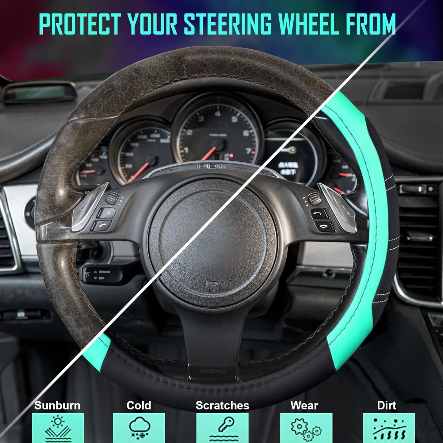 CAR PASS Line Rider Microfiber Leather Sporty Steering Wheel Cover Universal Fits for 95% Truck,SUV,Cars, 14.5-15 inch Anti-Slip Safety Comfortable Design (Black Mint Blue)