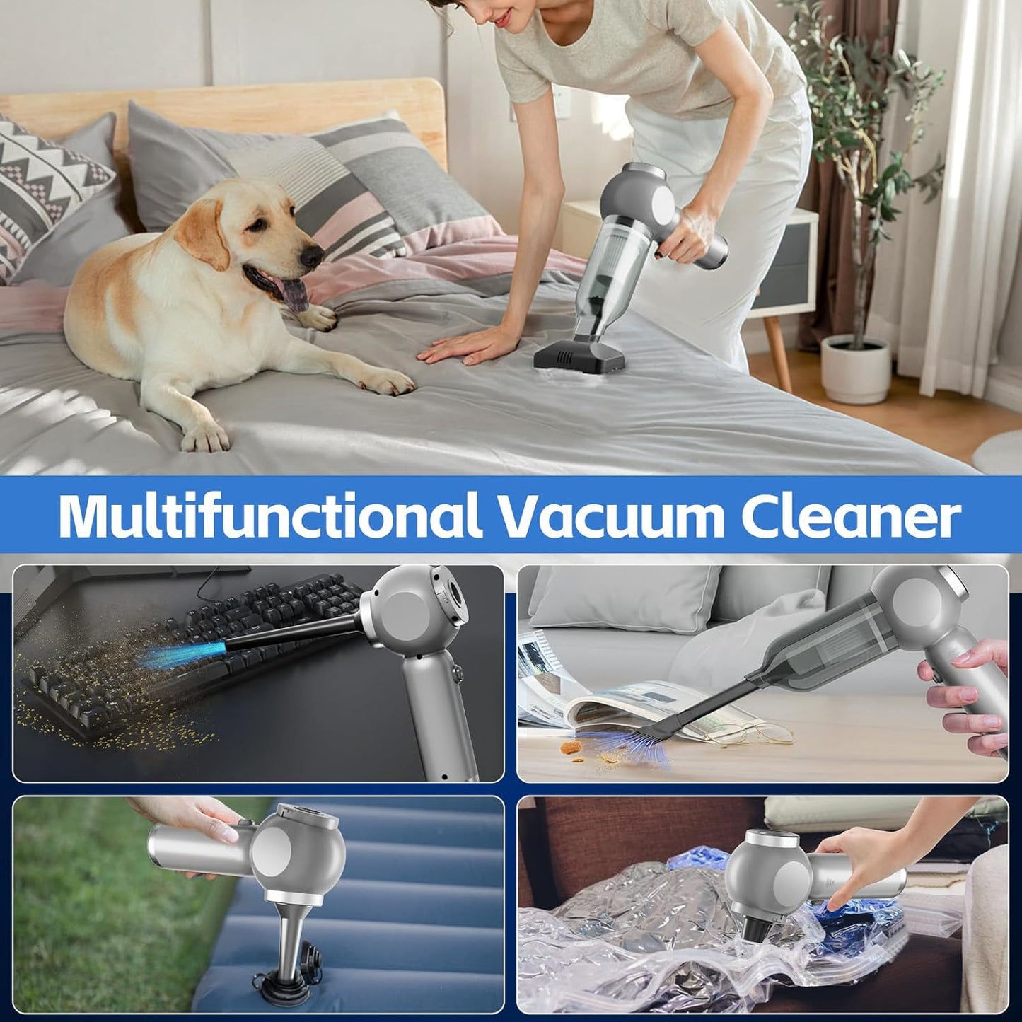 6 in 1 Car Vacuum Portable Cordless, 20000PA Mini Vacuum Cleaner High Power Brushless Motor, Handheld Vacuum Cordless Compressed Air Duster for Car, Home, Office
