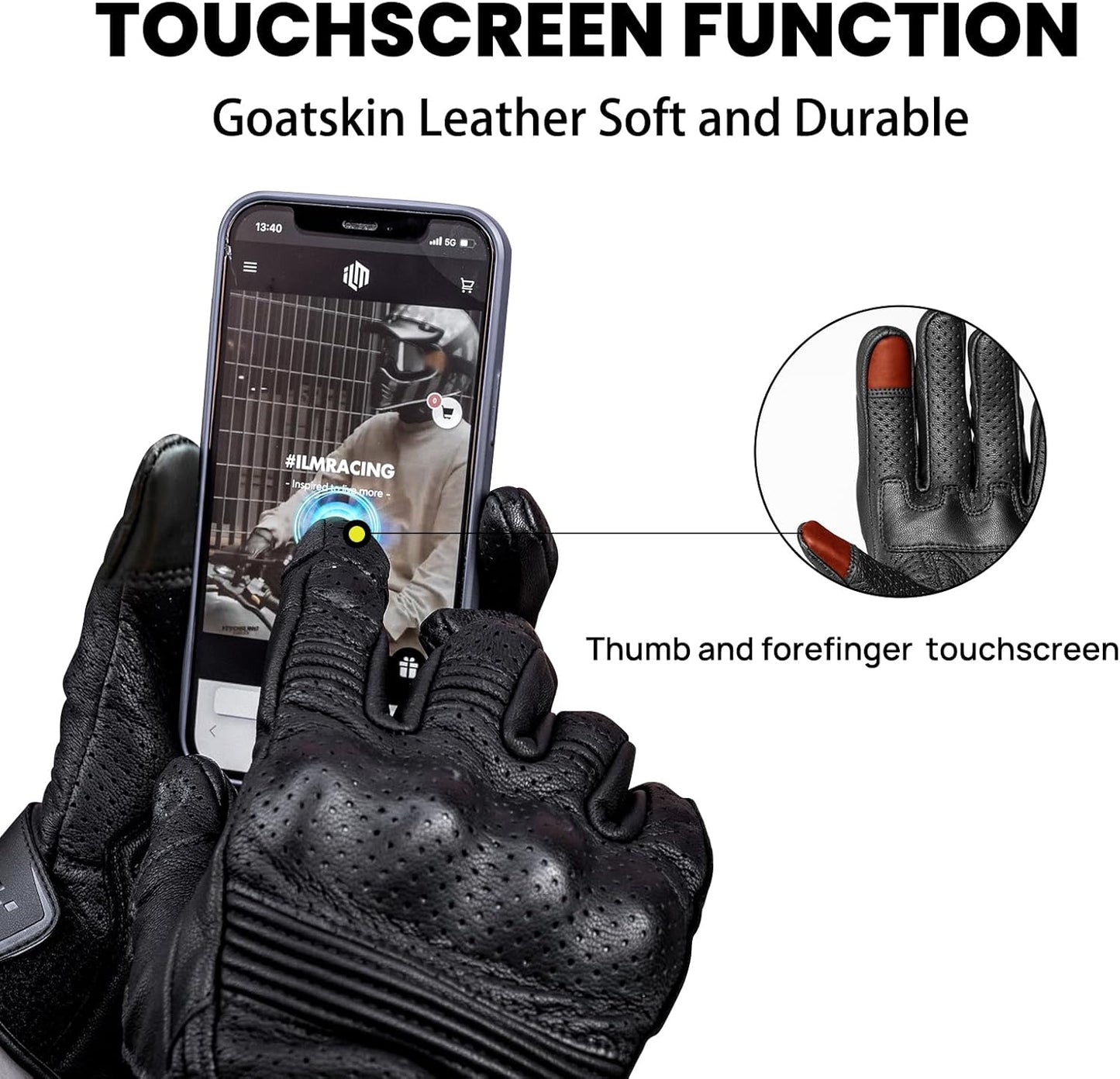 ILM Goatskin Leather Motorcycle Motorbike Powersports Racing Gloves Touchscreen for Men and Women Model DN01(XL, Black Perforated)