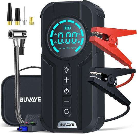 5000A Jump Starter with Air Compressor, 150PSI Battery Jumper Starter Portable for All Gas and 10.0L, 12V Car Jump Starter with Jumper Cable 3 Modes Flashlight and EVA Bag