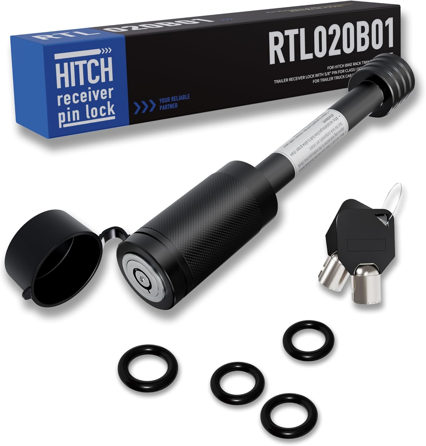 RETRUE Trailer Hitch Locks, 5/8" Locking Hitch Pin for 2" and 2 1/2" Receiver Class III IV Hitch, Tow Hitch Pin Lock Dia 3-1/2” Long Pin with O-Rings Weatherproof Caps for Trailer Truck Car Boat