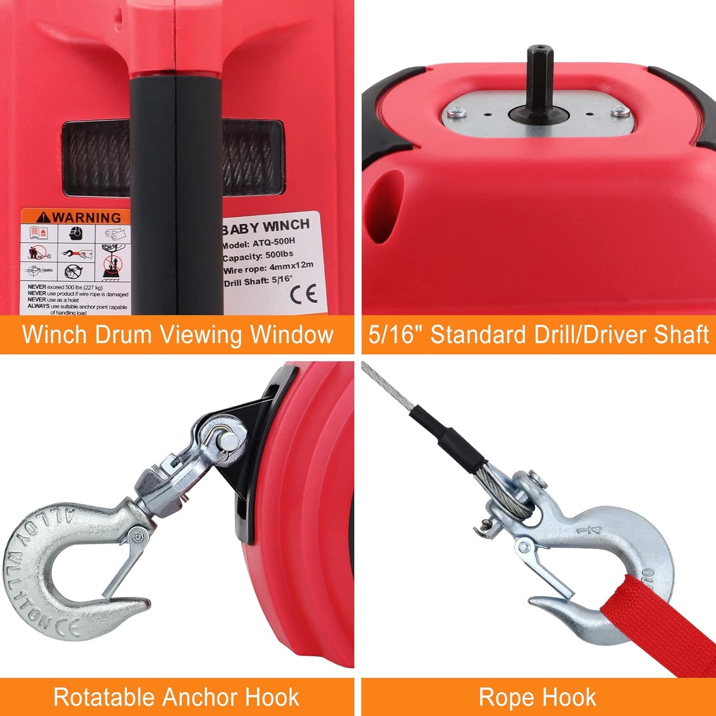 Portable Drill Winch, Rotate The Hook 360 Degrees, Red Handheld Drill Winch/Hoist of 750 LB Capacity with 40 Foot Alloy Wire Rope for Lifting & Dragging, Stretched Wire Fence, Log Handling.