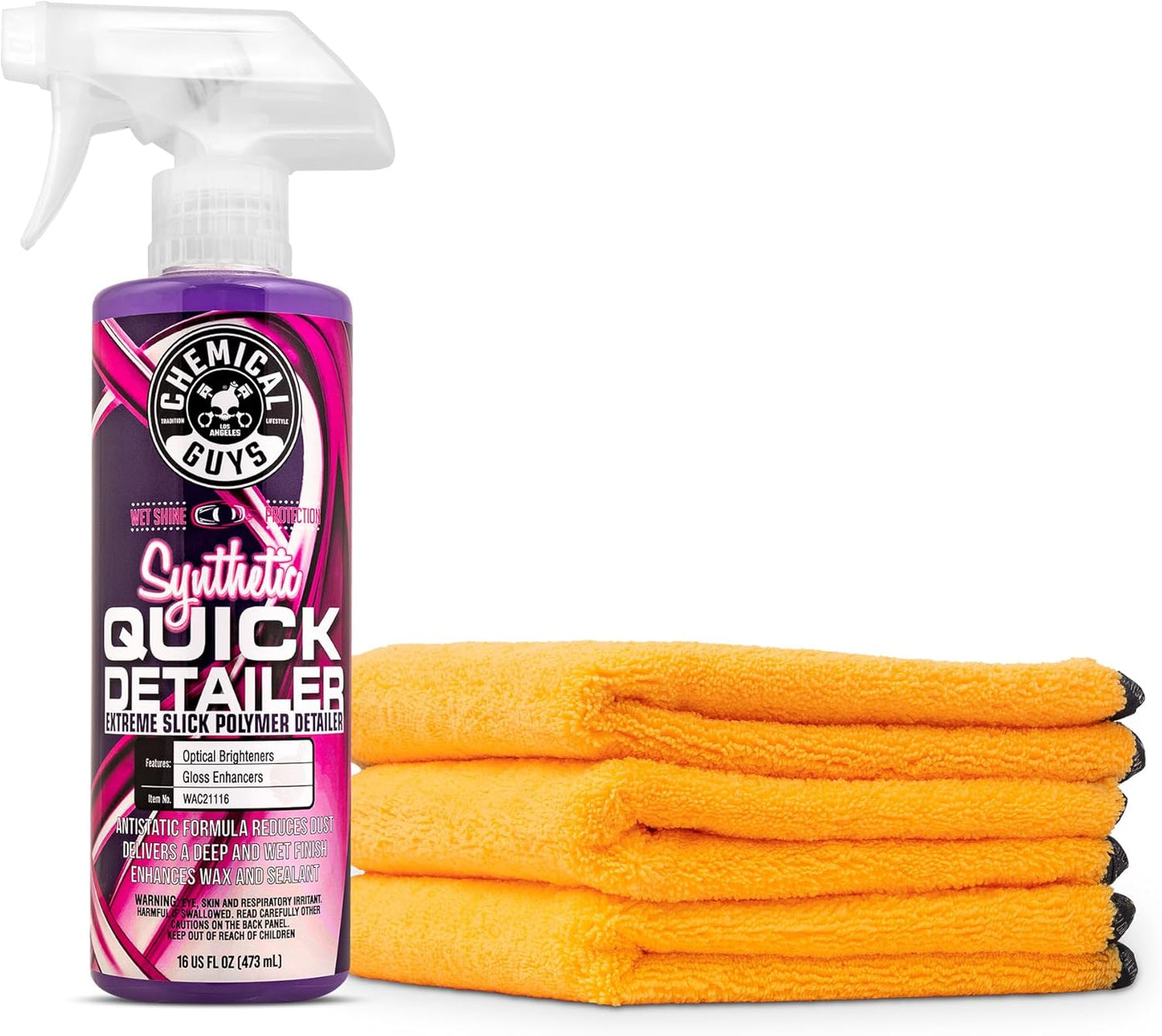 Chemical Guys WAC21116 Synthetic Quick Detailer, Extreme Slick Polymer Detailer 16 fl oz with MIC_506_03 Professional Grade Premium Microfiber Towels, Gold 16" x 16", Pack of 3