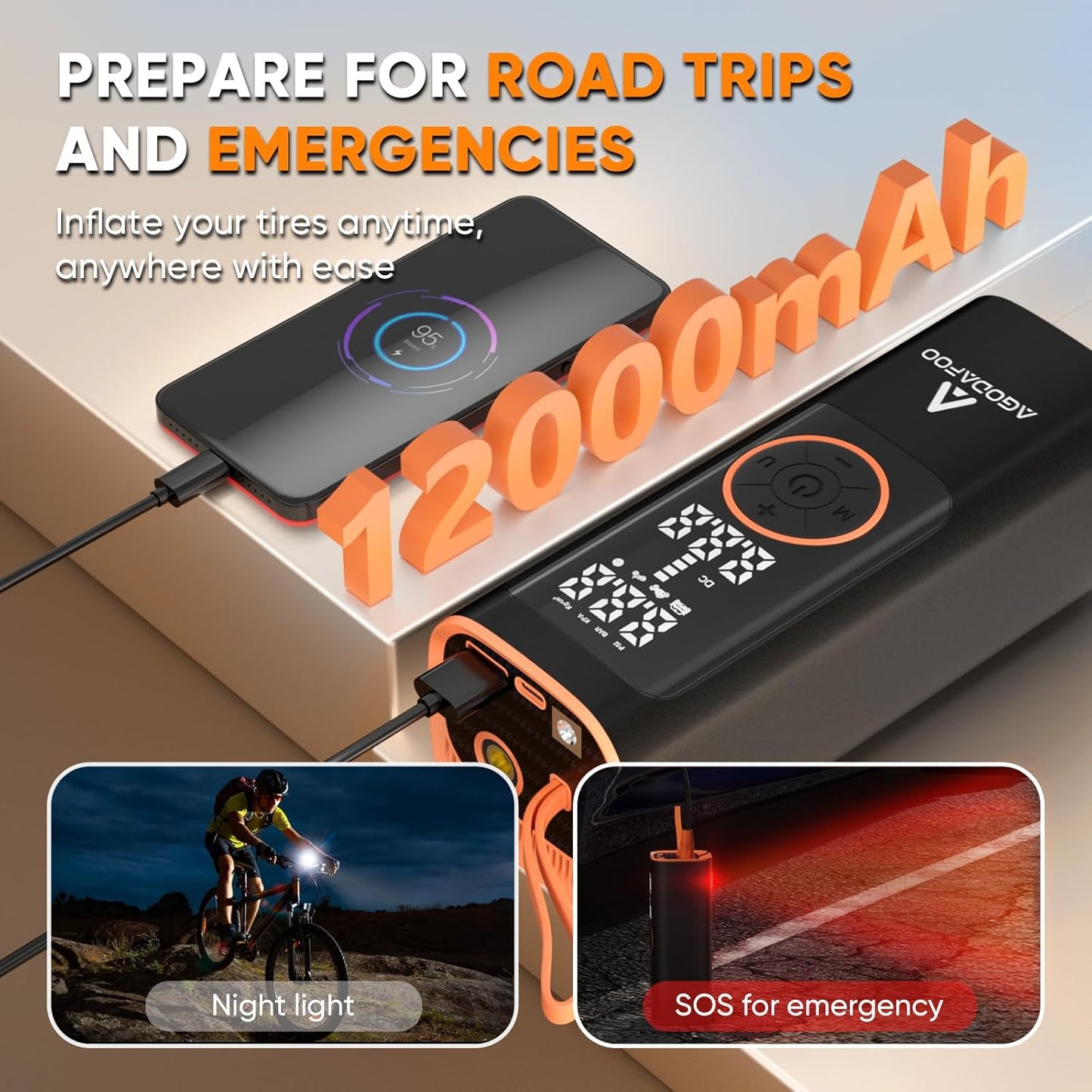 Tire Inflator Portable Air Compressor, 4X Faster 150 PSI Inflation Air Pump for Car Tires, 12000mAh Cordless Bike Pump with Pressure Gauge, Auto Shut-Off Pump for Car, SUV, Motorcycle, Bike, Balls