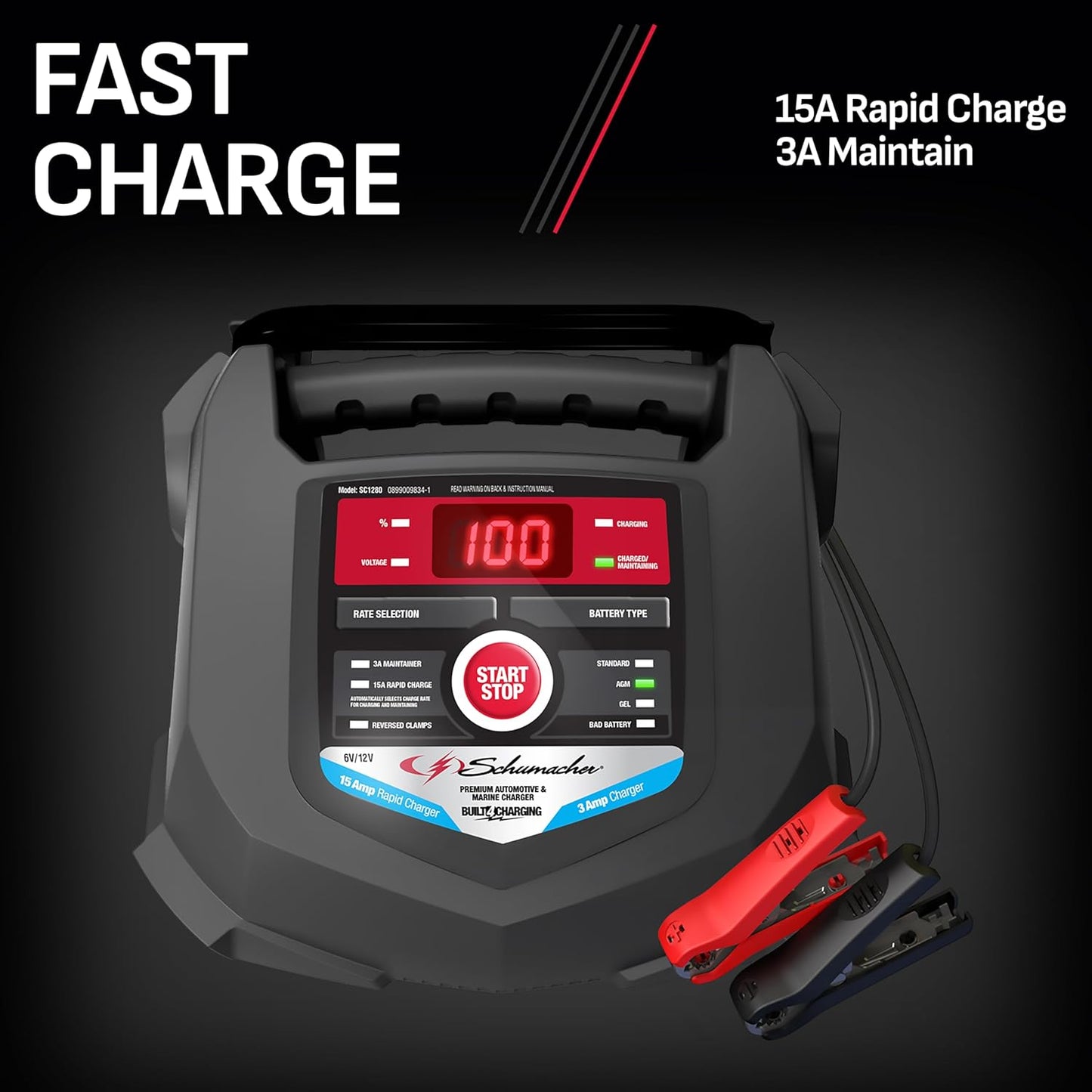 Schumacher Electric Car Battery Charger and Maintainer SC1280 4-in-1, 15 Amp, Fully Automatic for 6v and12v Automobile Batteries - Ideal for Motorcycles, Cars, Trucks, SUVs, Marine Batteries, and More