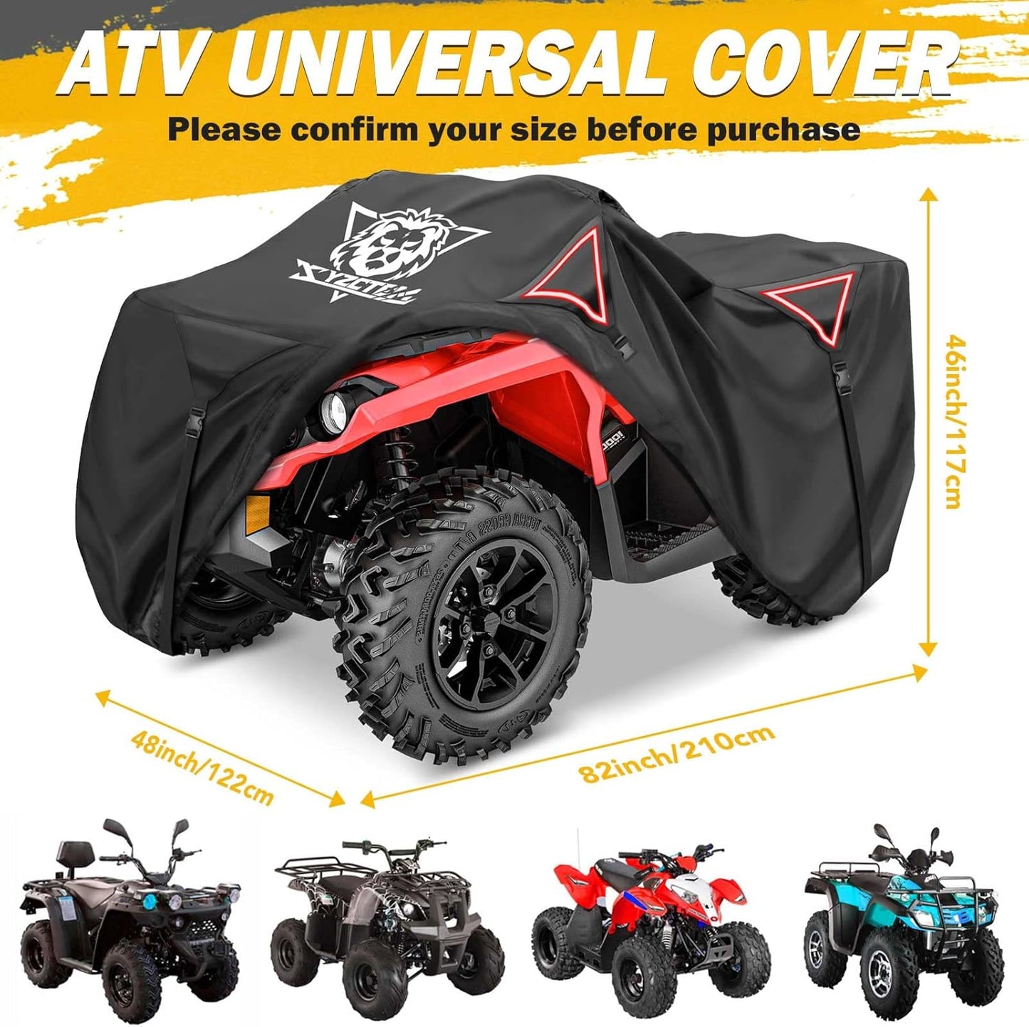 XYZCTEM Premium ATV Cover,Outdoor Protection Against Water, UV, Wind. Quad Cover for Can-am,Suzuki,Kawasaki, Honda, Yamaha, Polaris,and More.4 Wheeler Accessories with Thickened Straps(Black,82" L)